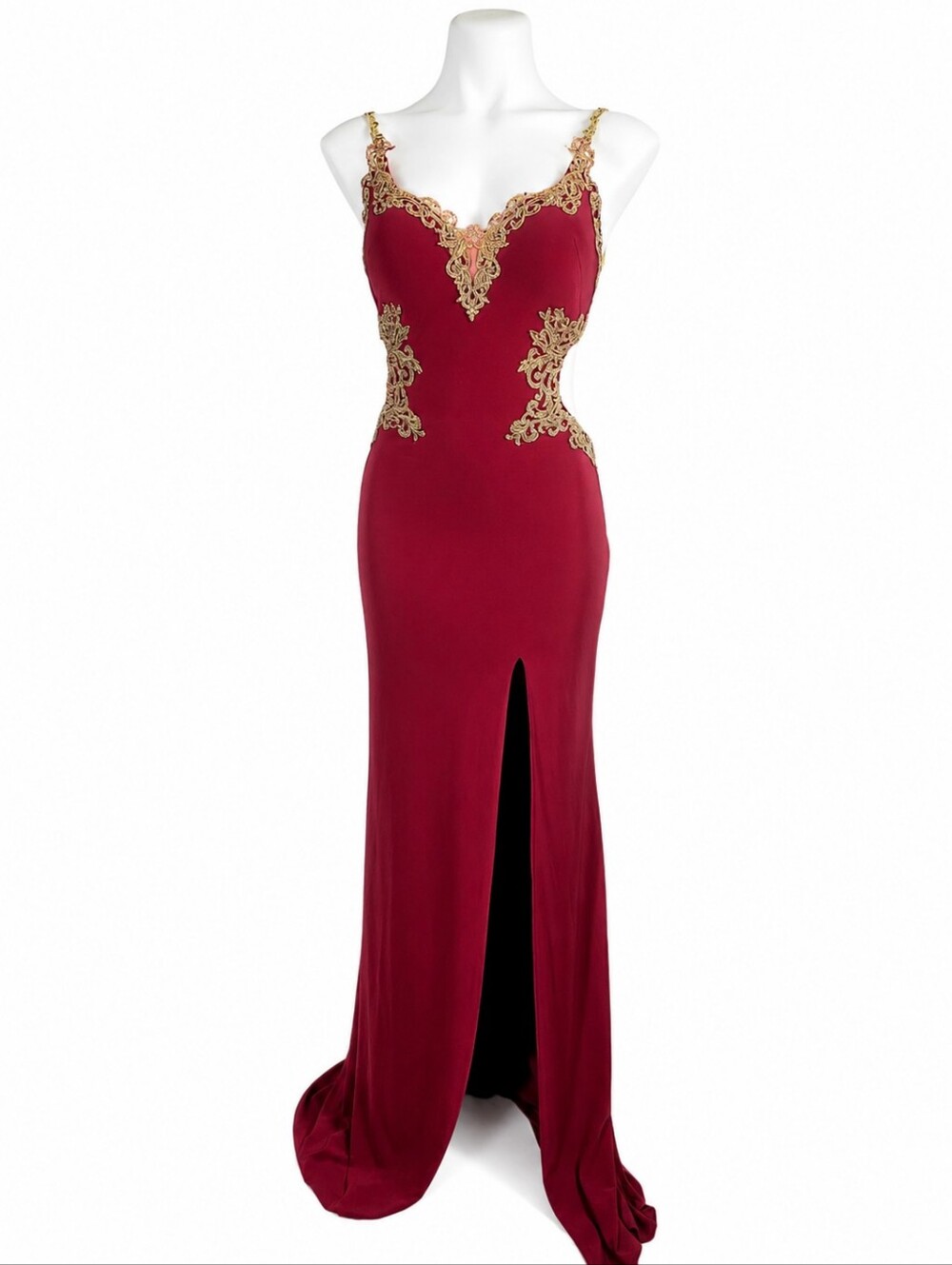 Sexy Burgundy Gold Embellished Maxi Dress S High Slit Cutout Formal Evening Gown